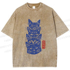 Unisex Vintage Cat Printed Washed Tee
