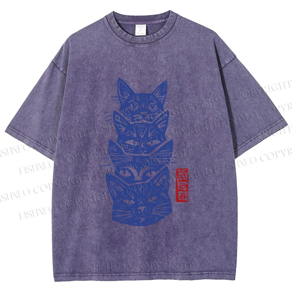 Unisex Vintage Cat Printed Washed Tee