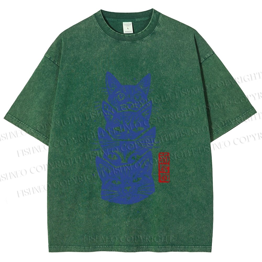 Unisex Vintage Cat Printed Washed Tee
