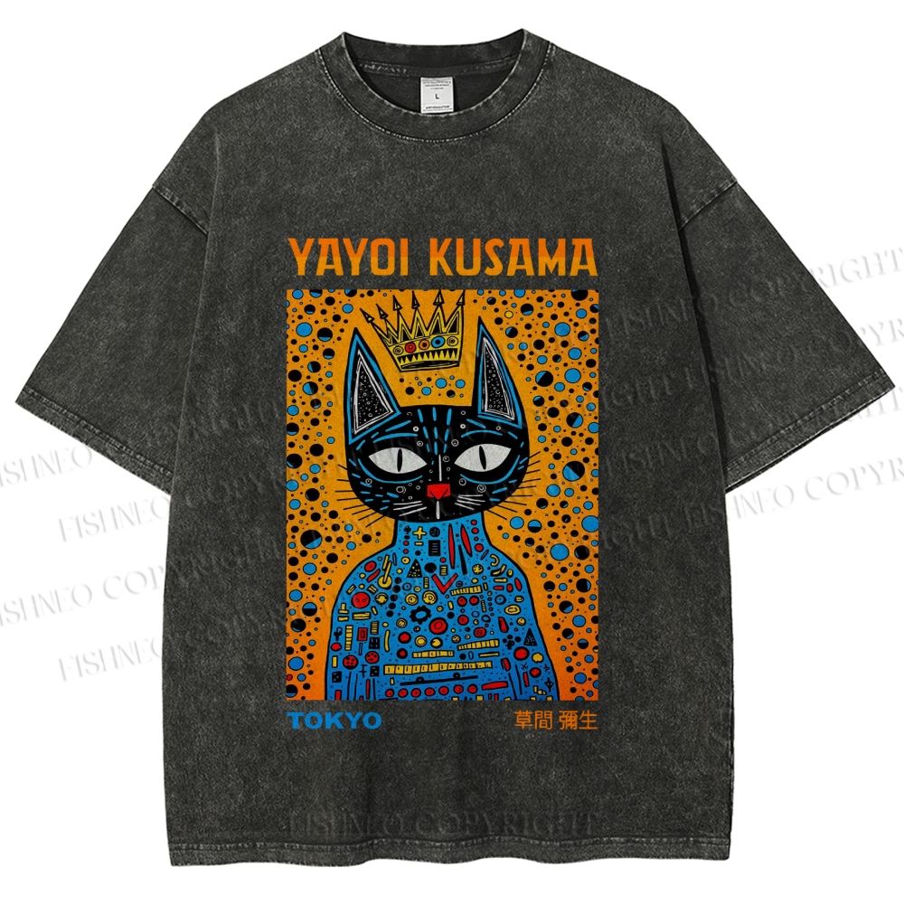 Unisex Japanese Yayoi Kusama Cat Printed Washed Tee