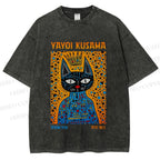 Unisex Japanese Yayoi Kusama Cat Printed Washed Tee