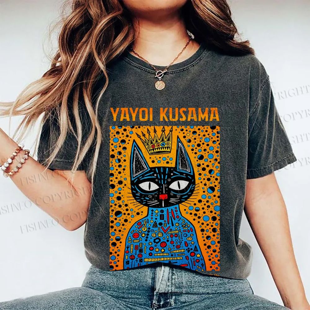 Unisex Japanese Yayoi Kusama Cat Printed Washed Tee