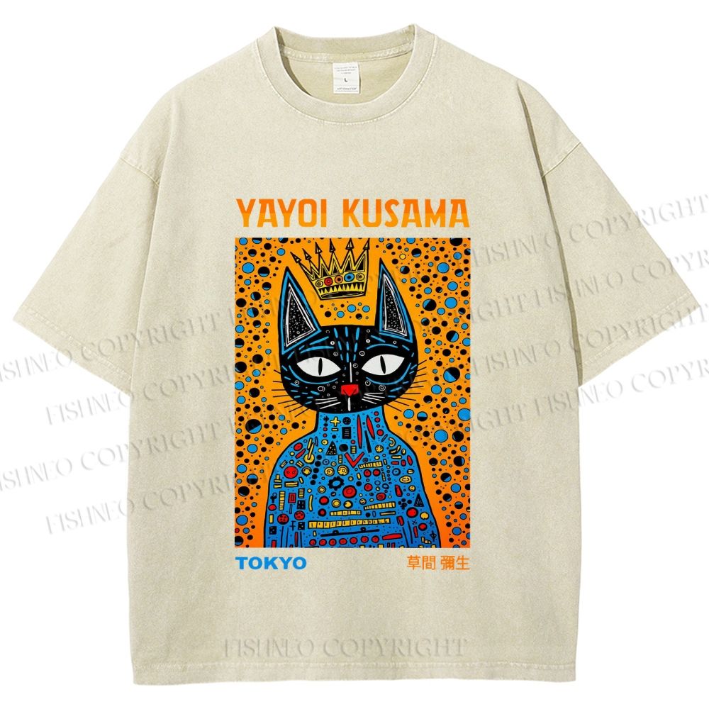 Unisex Japanese Yayoi Kusama Cat Printed Washed Tee