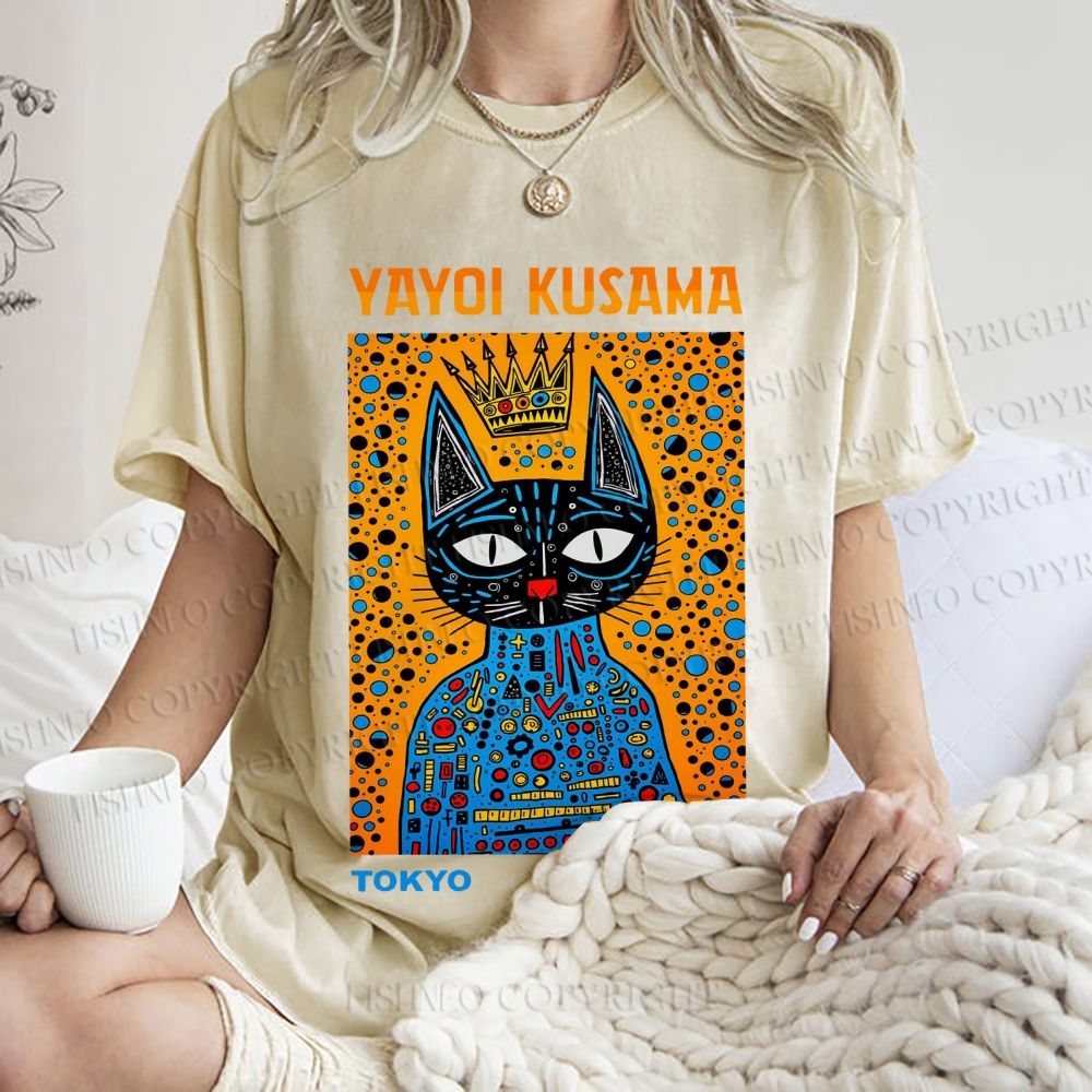 Unisex Japanese Yayoi Kusama Cat Printed Washed Tee