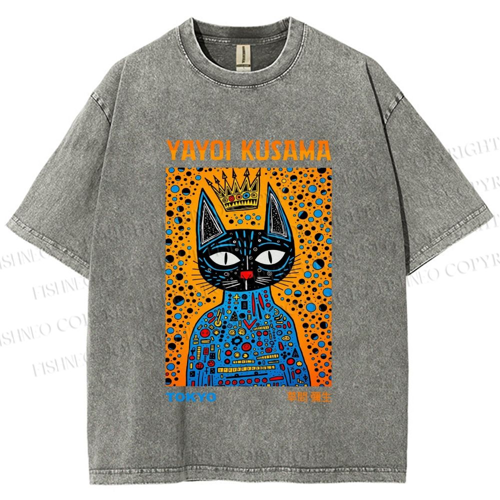 Unisex Japanese Yayoi Kusama Cat Printed Washed Tee