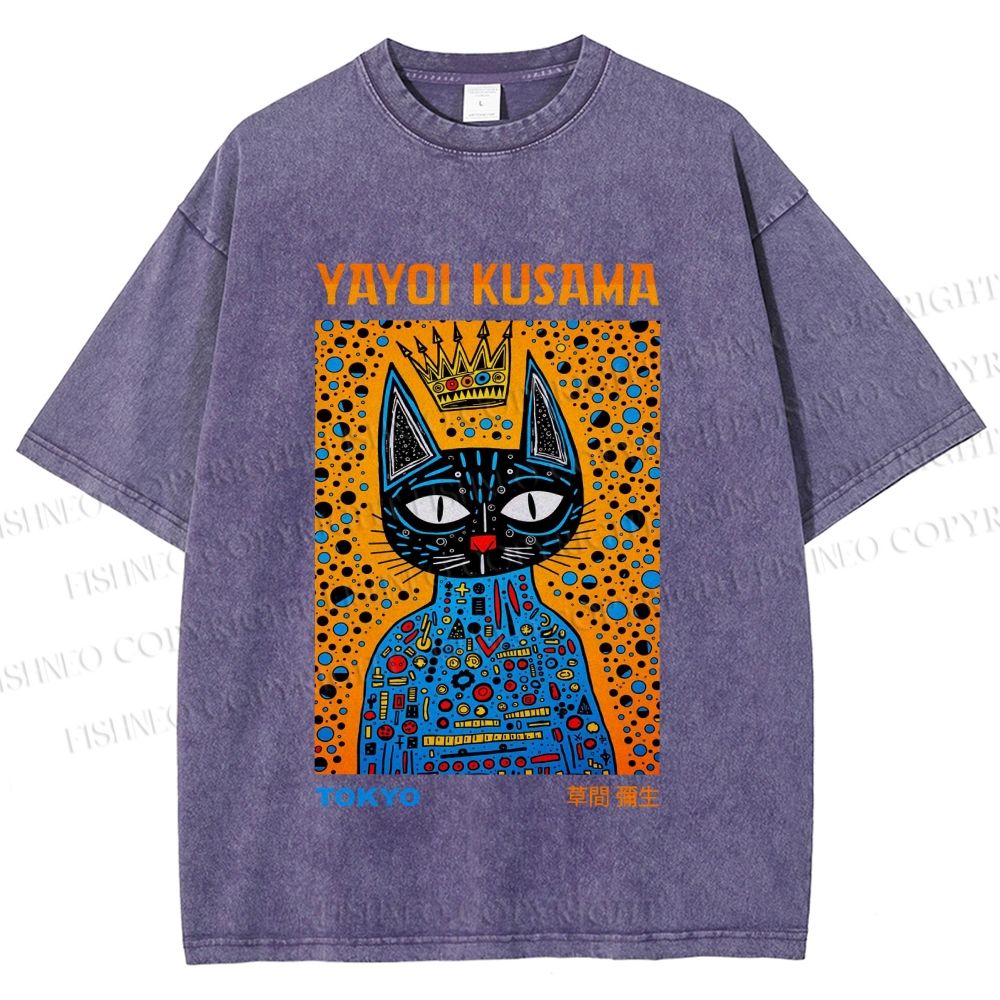 Unisex Japanese Yayoi Kusama Cat Printed Washed Tee