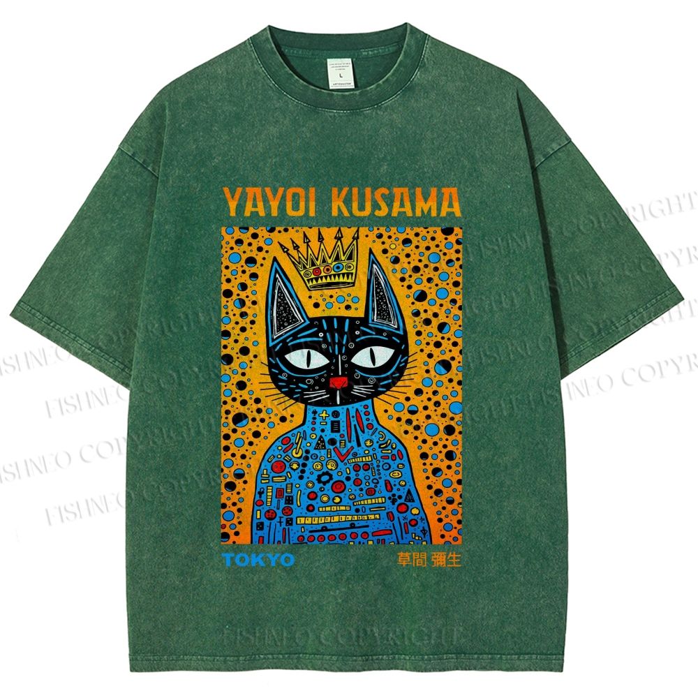 Unisex Japanese Yayoi Kusama Cat Printed Washed Tee