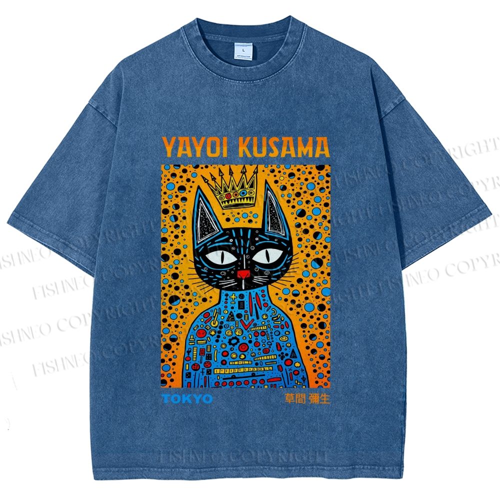 Unisex Japanese Yayoi Kusama Cat Printed Washed Tee