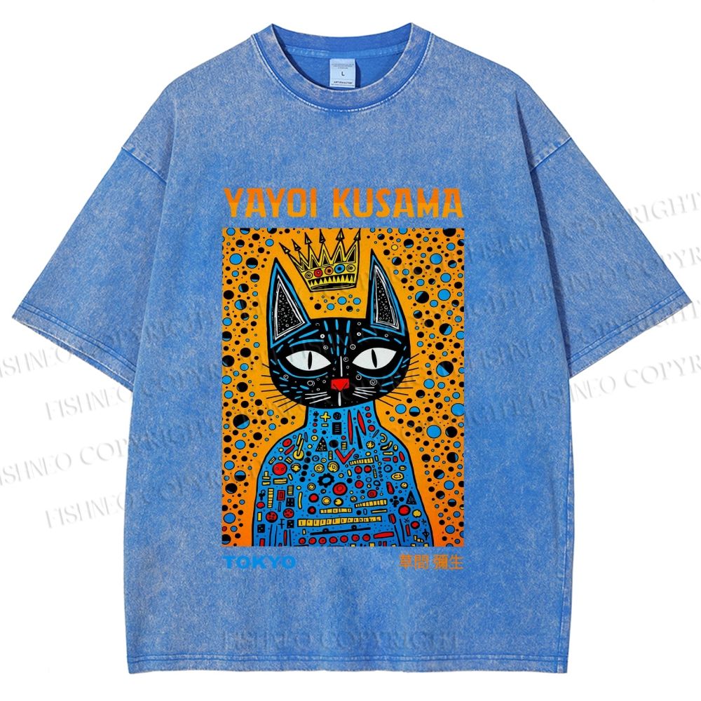 Unisex Japanese Yayoi Kusama Cat Printed Washed Tee
