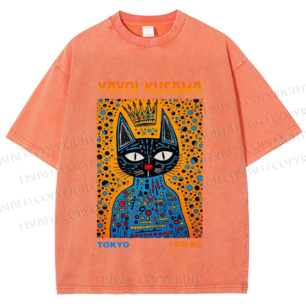 Unisex Japanese Yayoi Kusama Cat Printed Washed Tee