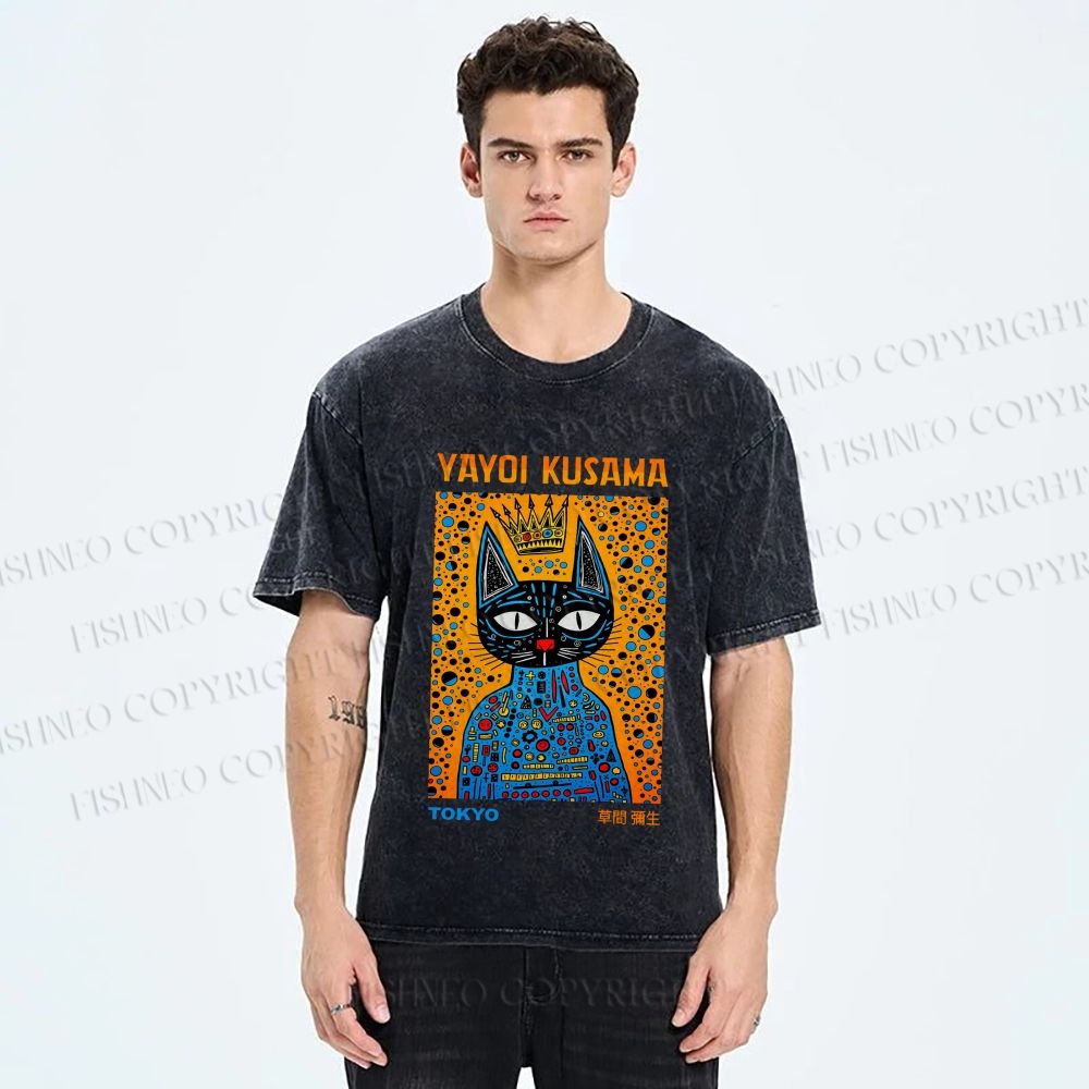 Unisex Japanese Yayoi Kusama Cat Printed Washed Tee