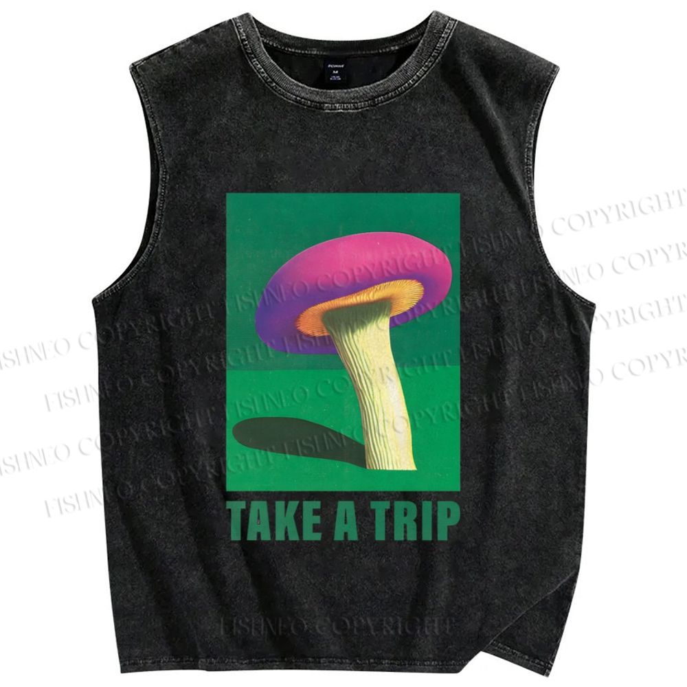 Unisex Take A Trip Mushroom Printed Washed Tank Top