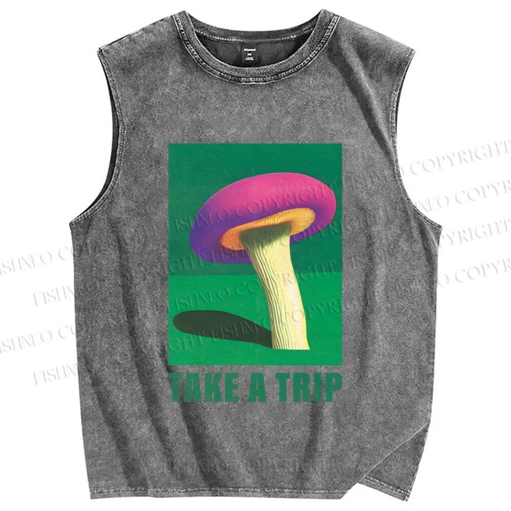 Unisex Take A Trip Mushroom Printed Washed Tank Top