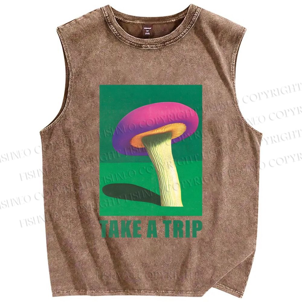 Unisex Take A Trip Mushroom Printed Washed Tank Top