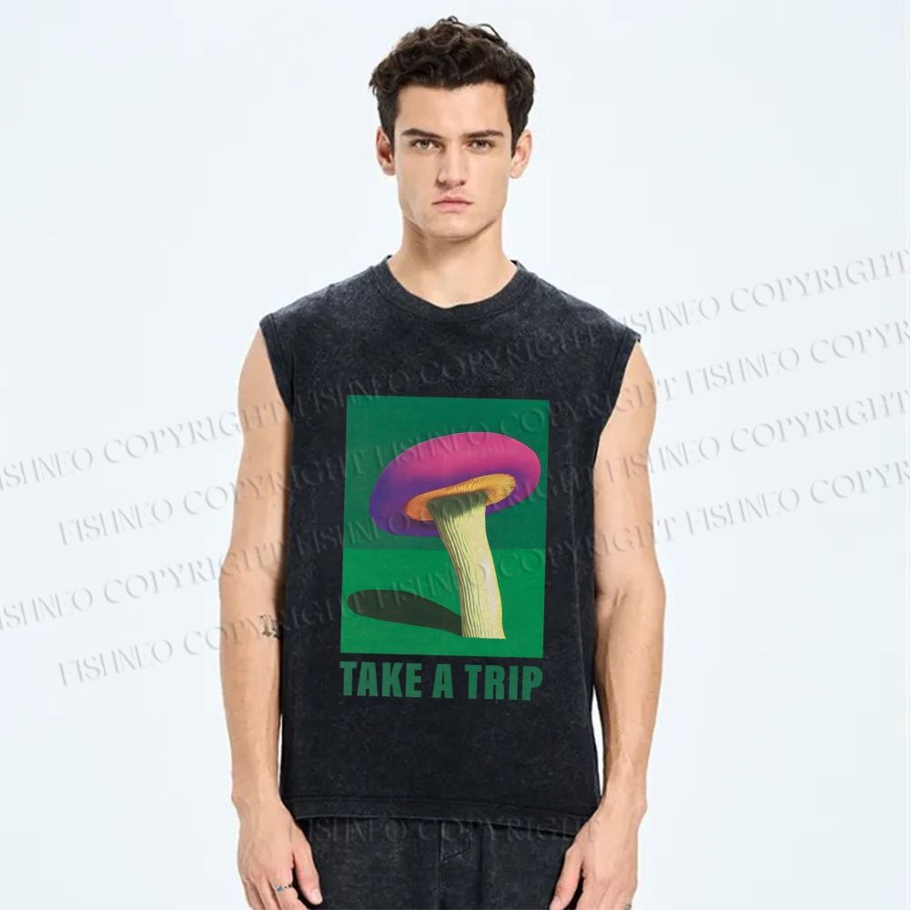 Unisex Take A Trip Mushroom Printed Washed Tank Top