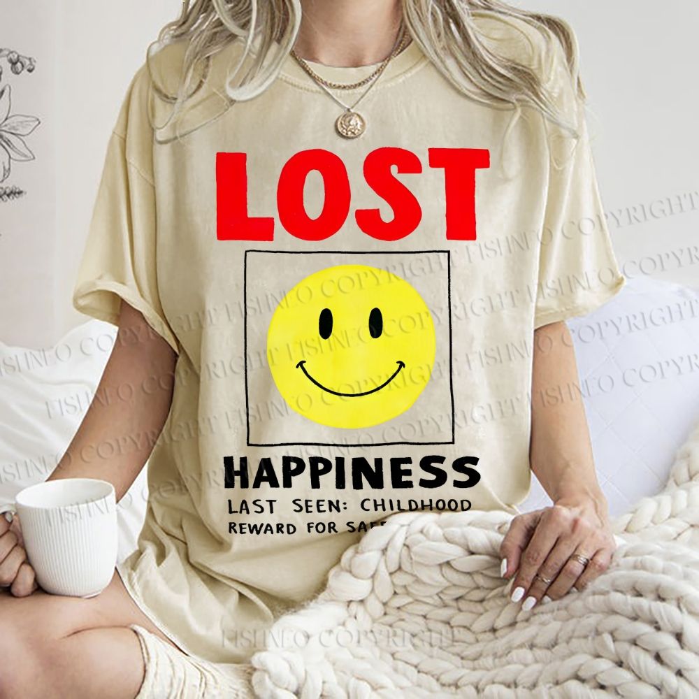 Unisex Happiness Smiley Face Printed Washed Tee
