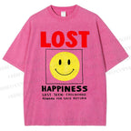 Unisex Happiness Smiley Face Printed Washed Tee