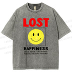 Unisex Happiness Smiley Face Printed Washed Tee
