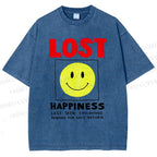 Unisex Happiness Smiley Face Printed Washed Tee
