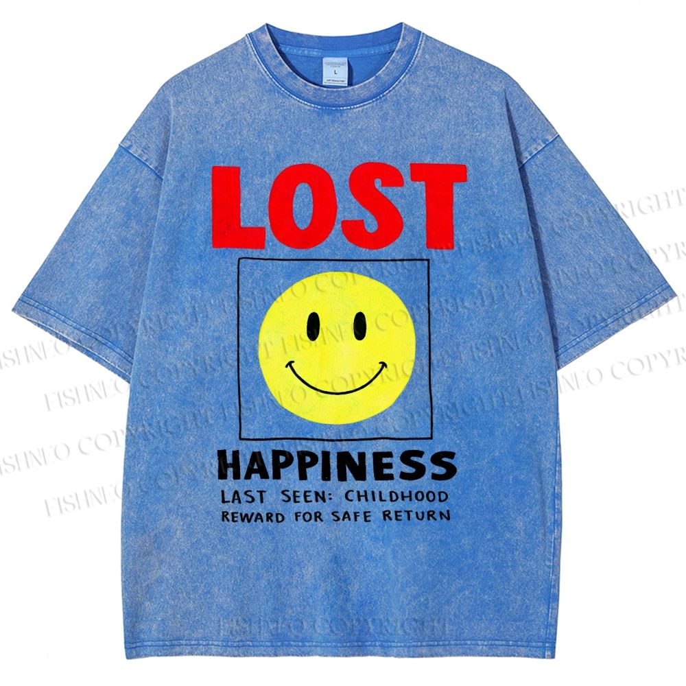 Unisex Happiness Smiley Face Printed Washed Tee