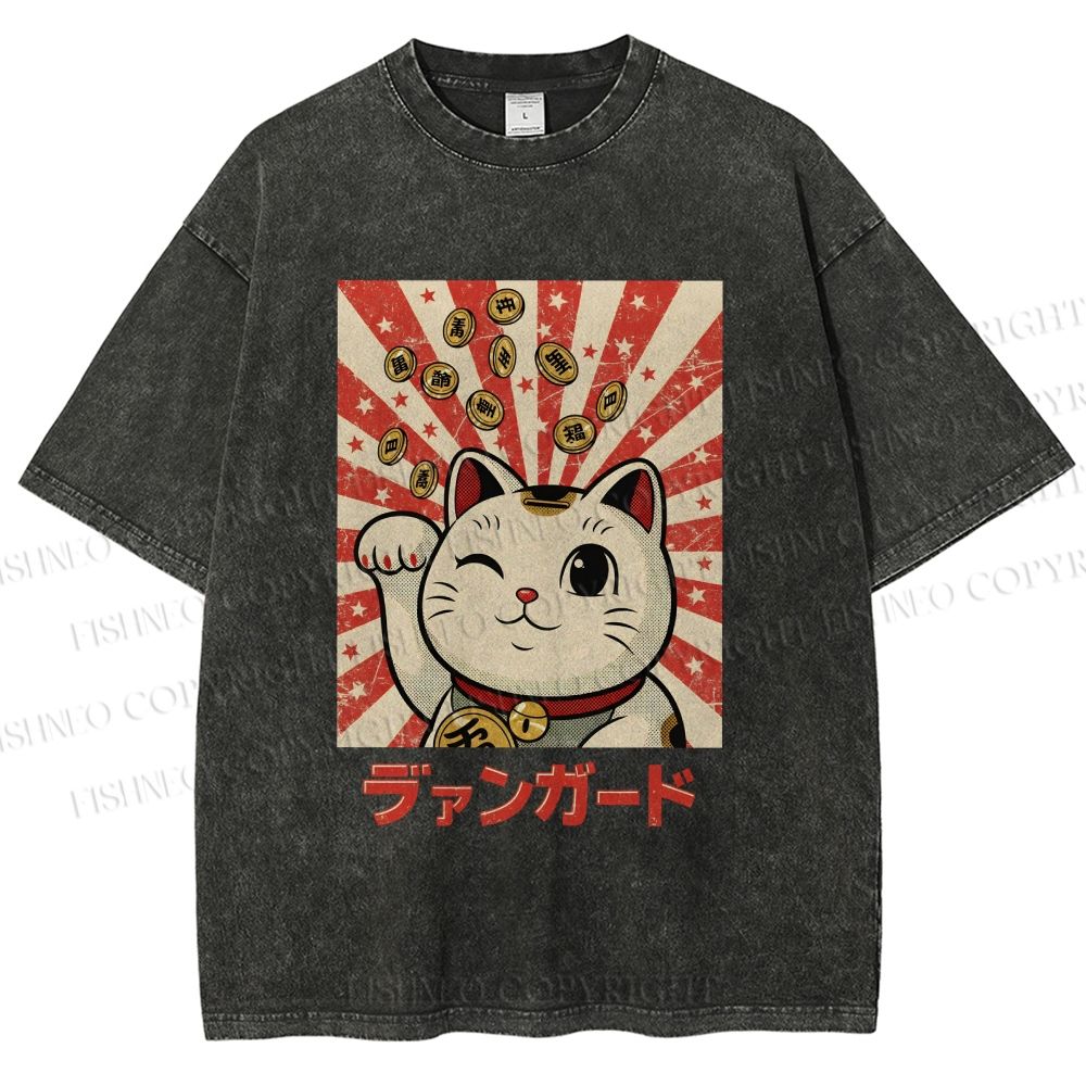 Unisex Lucky Cat Printed Washed Tee