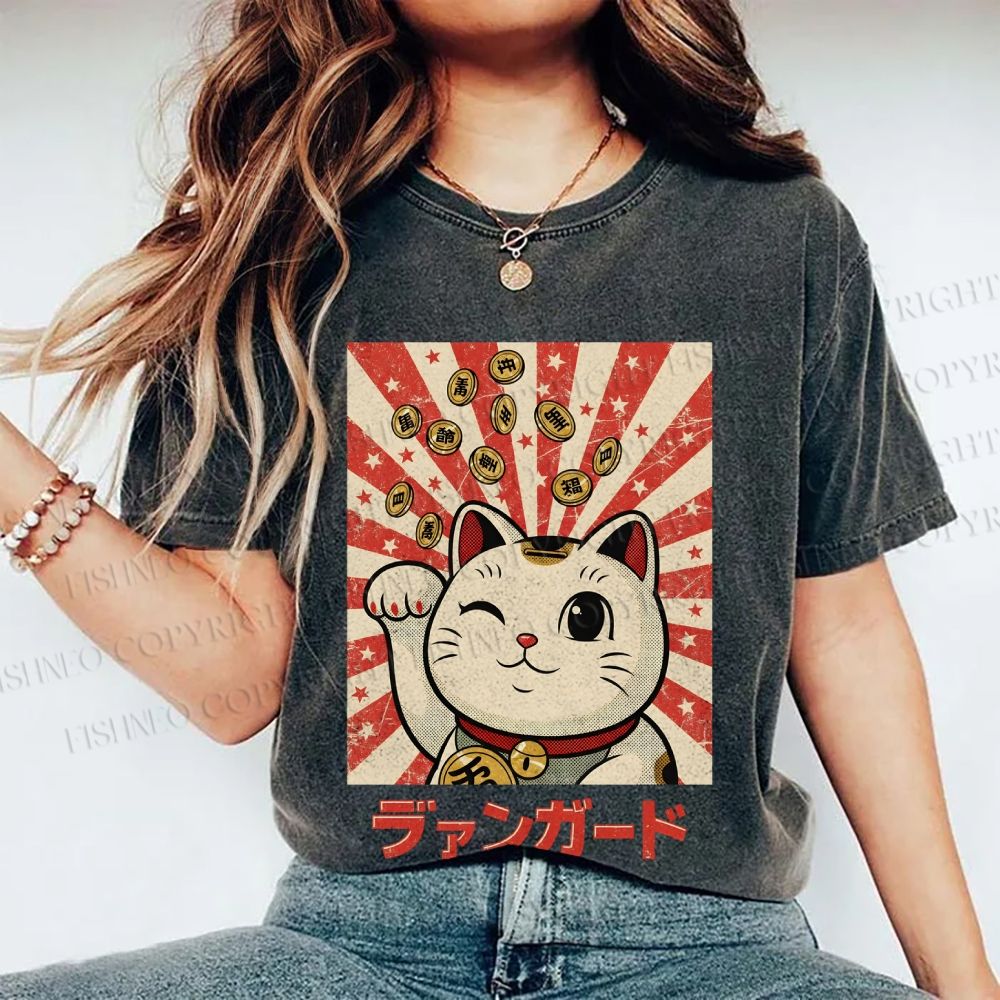 Unisex Lucky Cat Printed Washed Tee