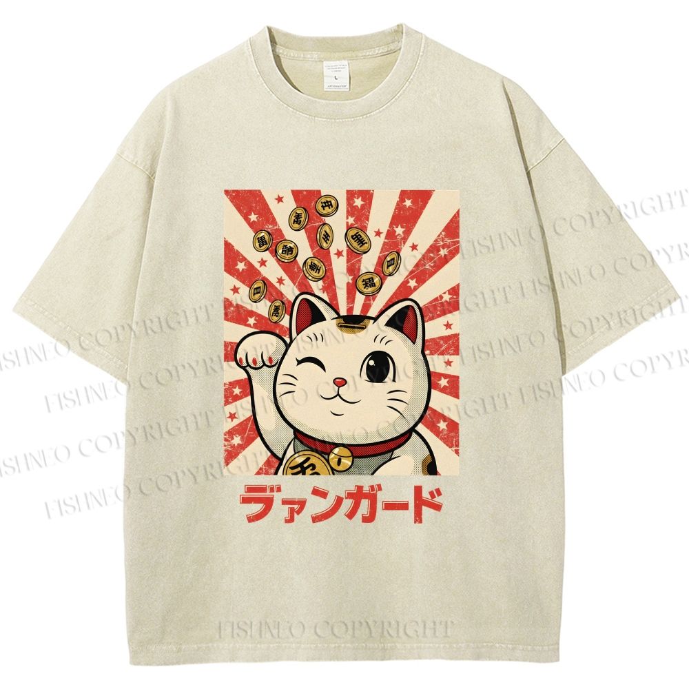 Unisex Lucky Cat Printed Washed Tee