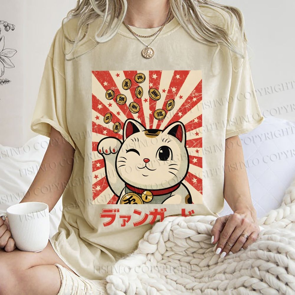 Unisex Lucky Cat Printed Washed Tee
