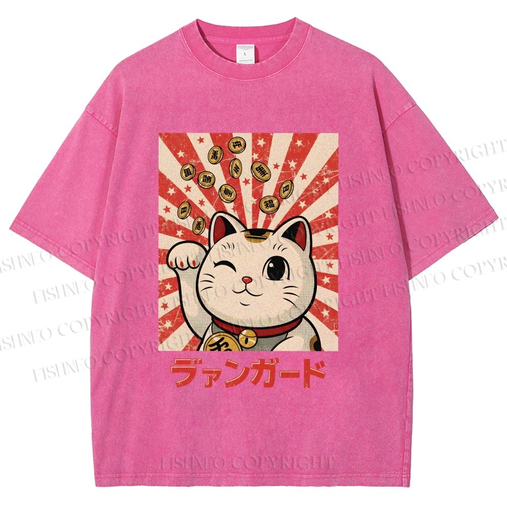 Unisex Lucky Cat Printed Washed Tee