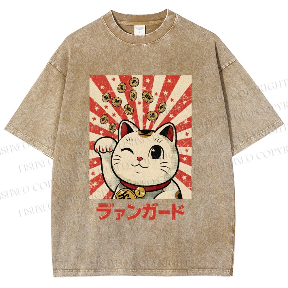 Unisex Lucky Cat Printed Washed Tee