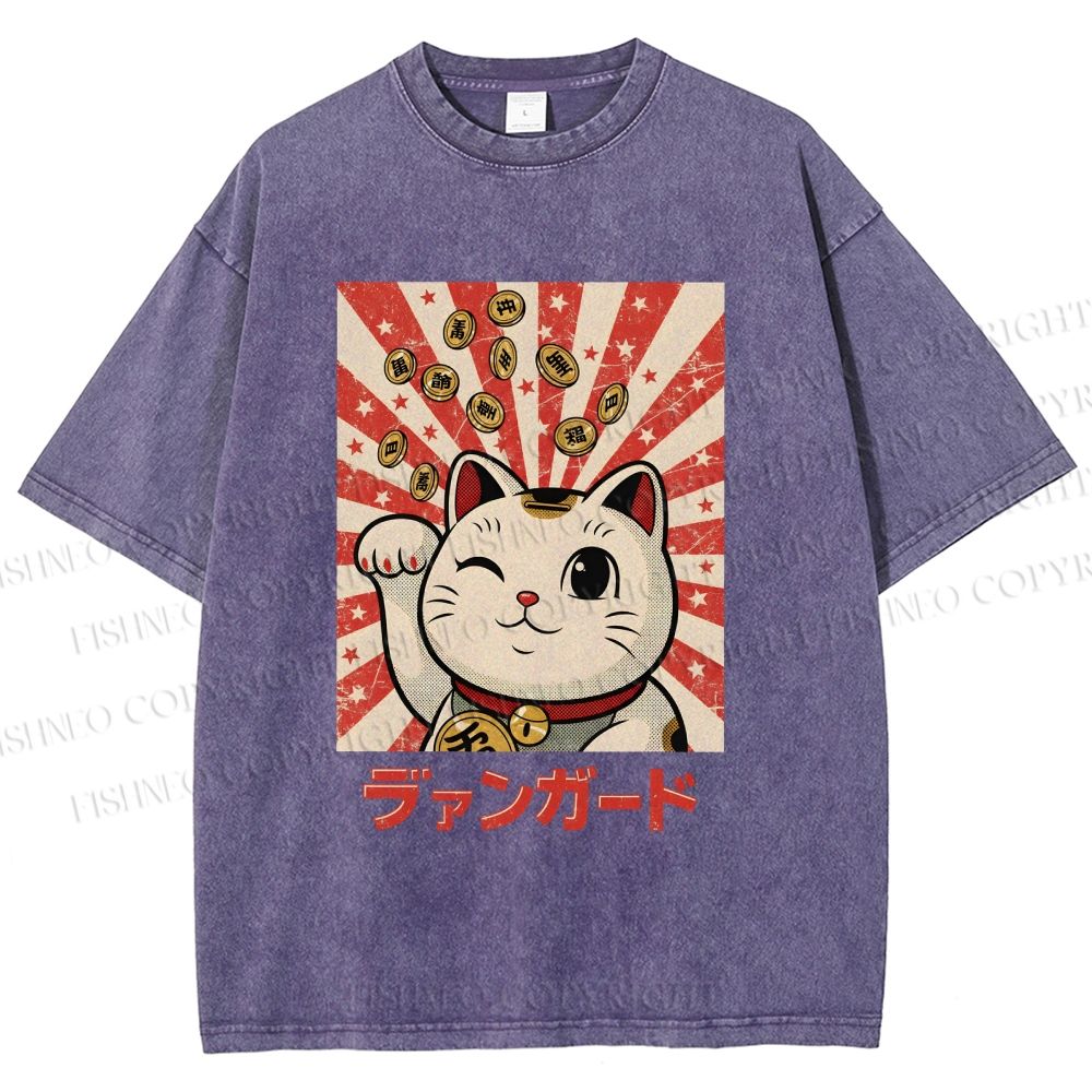 Unisex Lucky Cat Printed Washed Tee