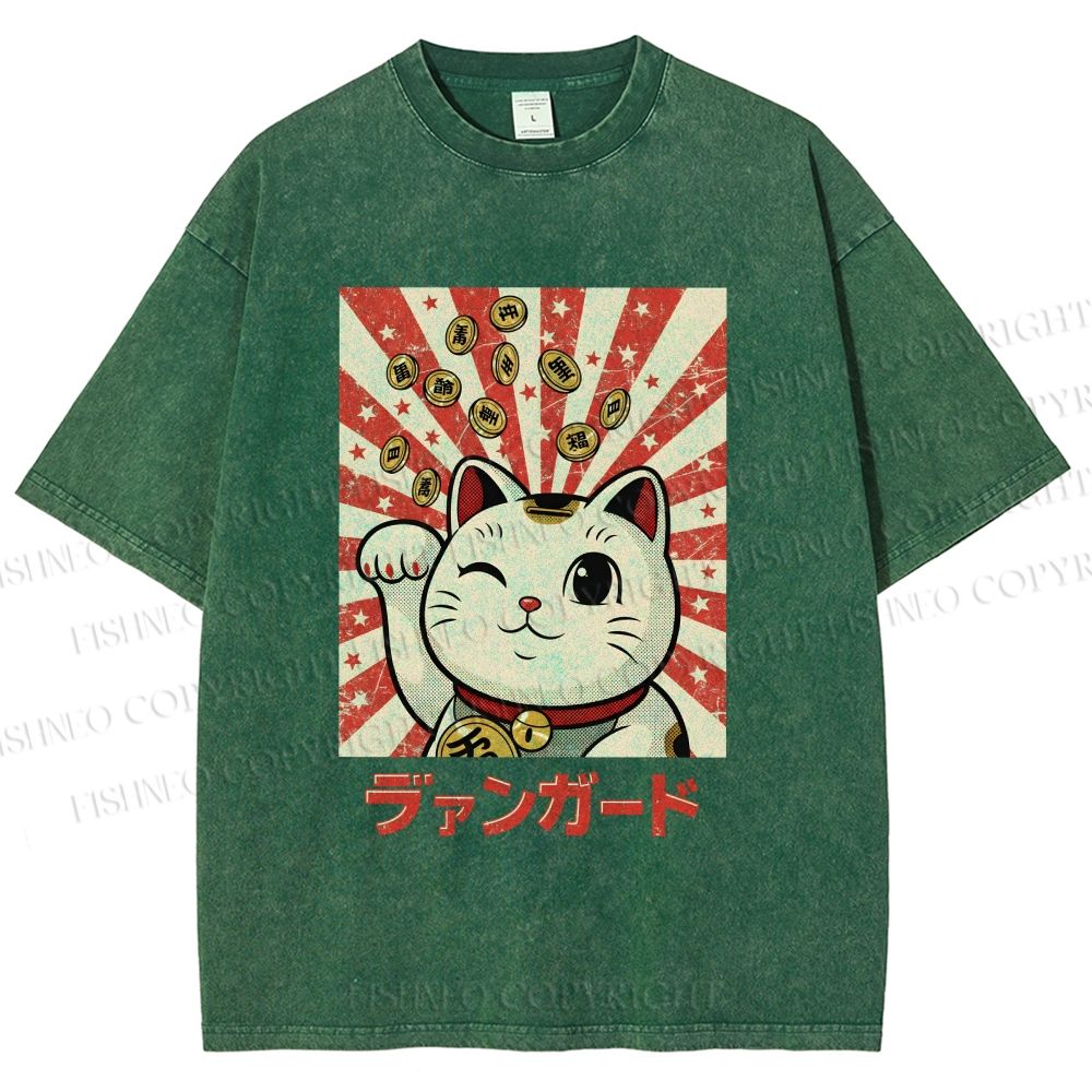 Unisex Lucky Cat Printed Washed Tee