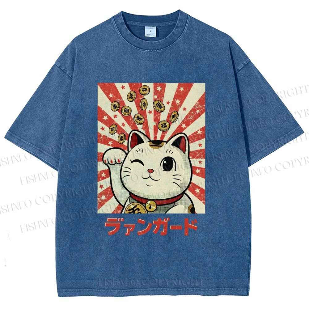 Unisex Lucky Cat Printed Washed Tee