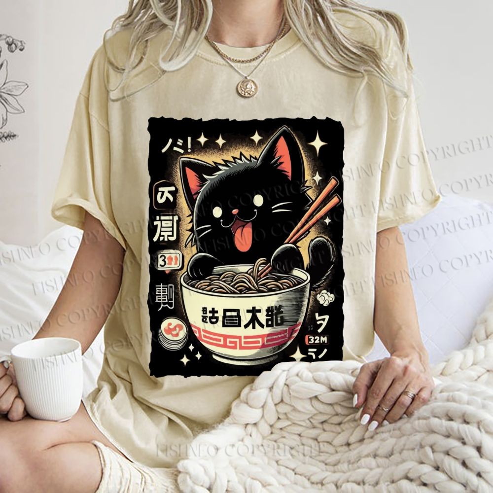 Unisex Ramen Cat Printed Washed Tee