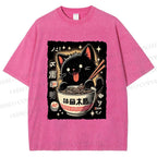 Unisex Ramen Cat Printed Washed Tee