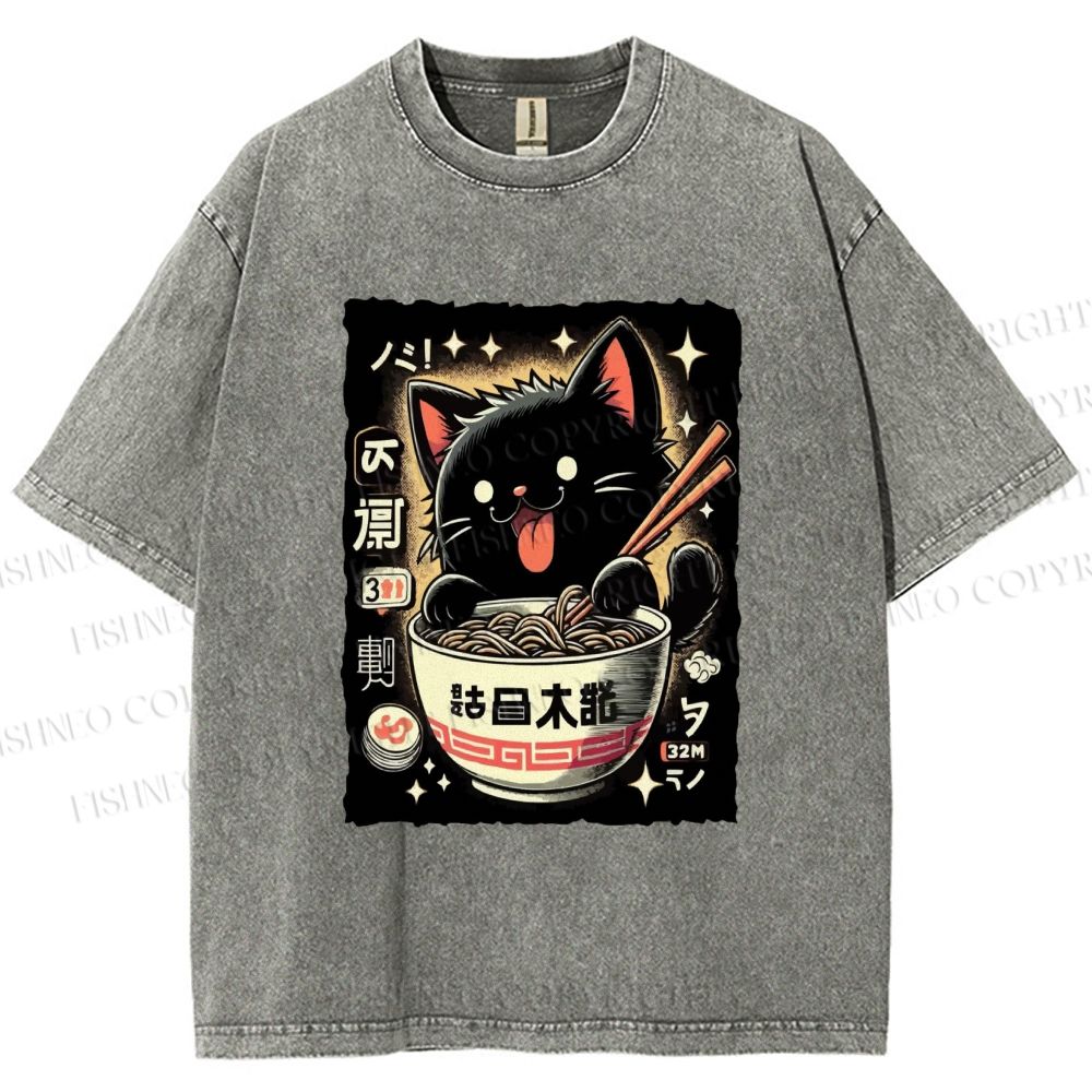 Unisex Ramen Cat Printed Washed Tee