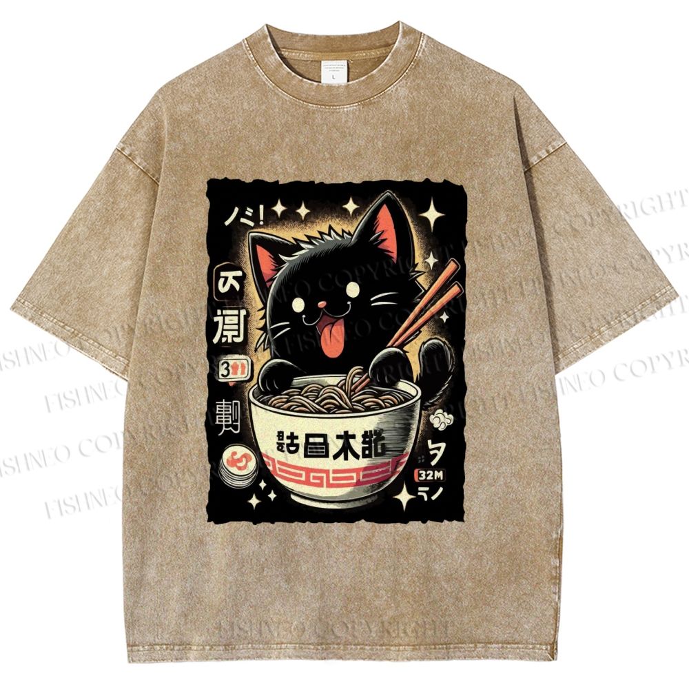 Unisex Ramen Cat Printed Washed Tee