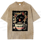 Unisex Ramen Cat Printed Washed Tee