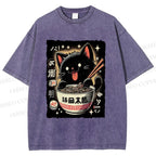 Unisex Ramen Cat Printed Washed Tee