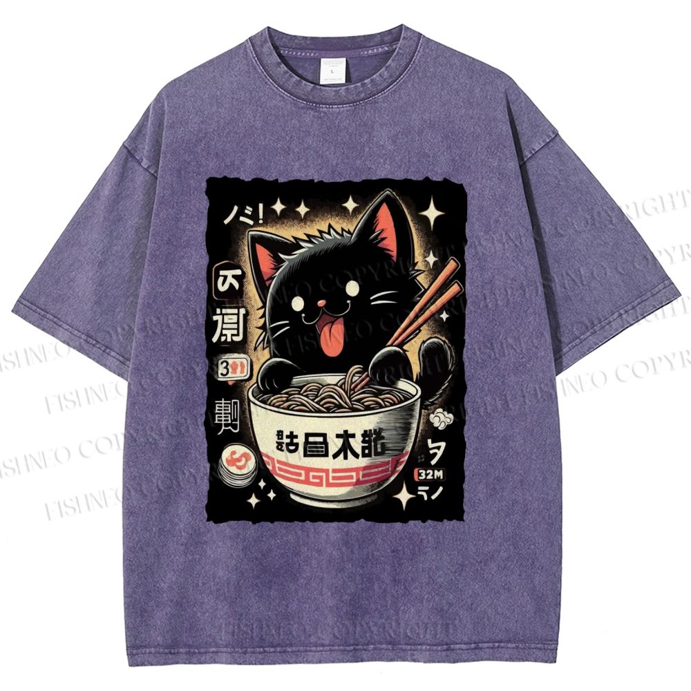 Unisex Ramen Cat Printed Washed Tee