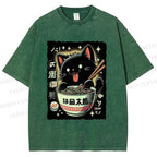 Unisex Ramen Cat Printed Washed Tee