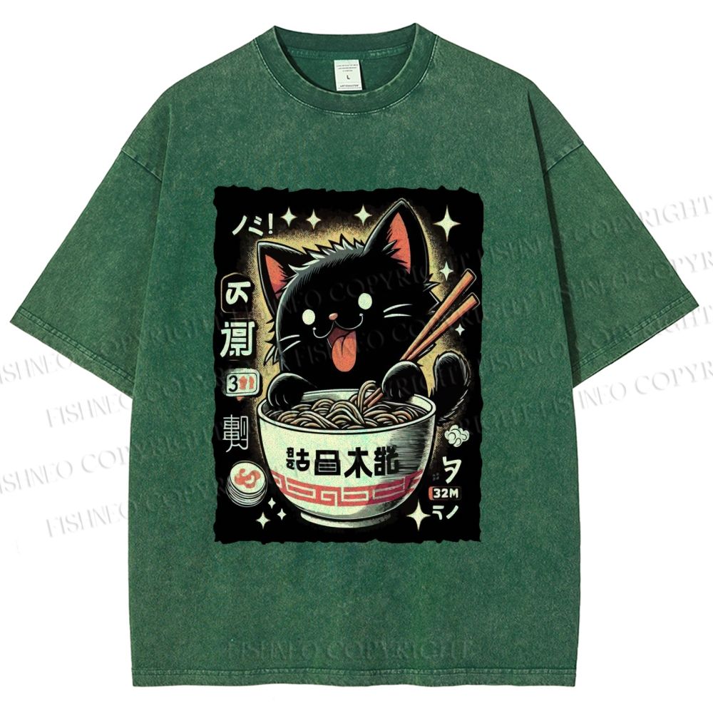Unisex Ramen Cat Printed Washed Tee