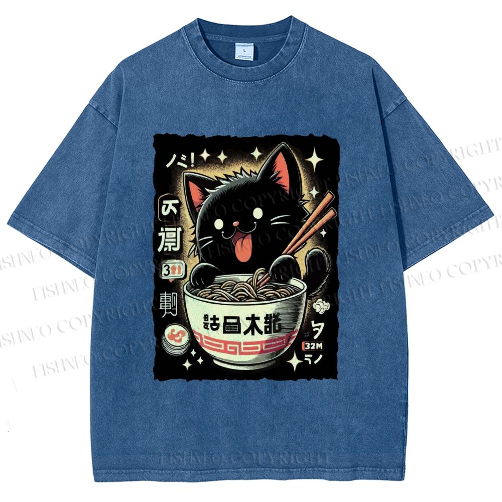 Unisex Ramen Cat Printed Washed Tee