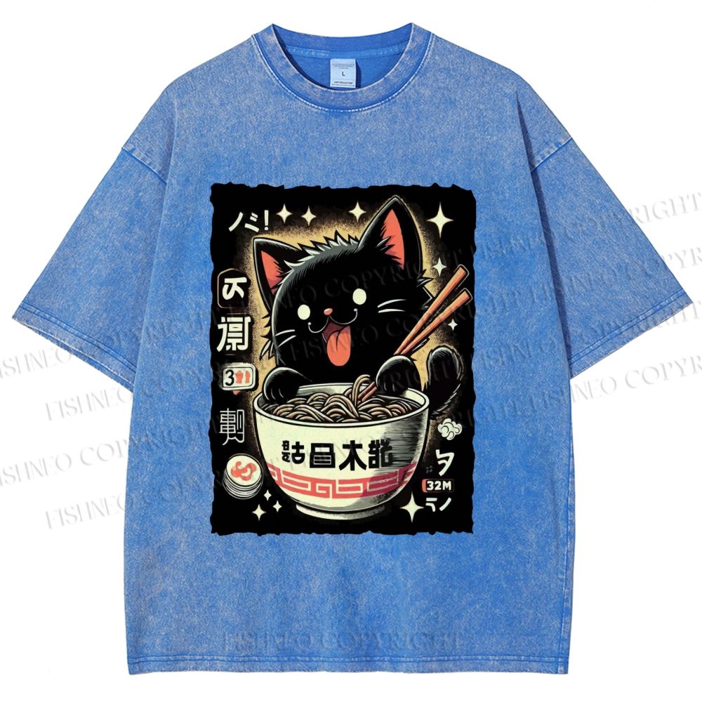 Unisex Ramen Cat Printed Washed Tee