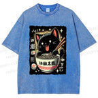 Unisex Ramen Cat Printed Washed Tee