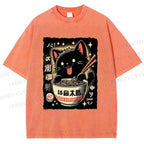 Unisex Ramen Cat Printed Washed Tee