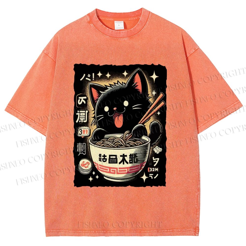 Unisex Ramen Cat Printed Washed Tee