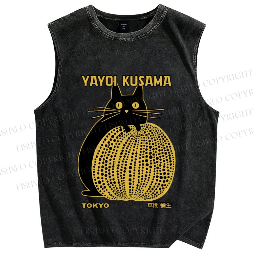 Unisex Japanese Yayoi Kusama Pumpkin Cat Printed Washed Tank Top