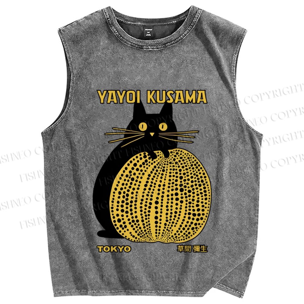 Unisex Japanese Yayoi Kusama Pumpkin Cat Printed Washed Tank Top