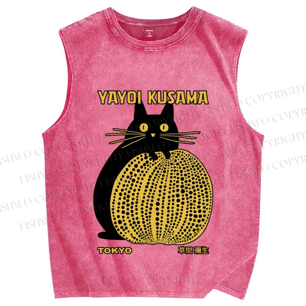 Unisex Japanese Yayoi Kusama Pumpkin Cat Printed Washed Tank Top